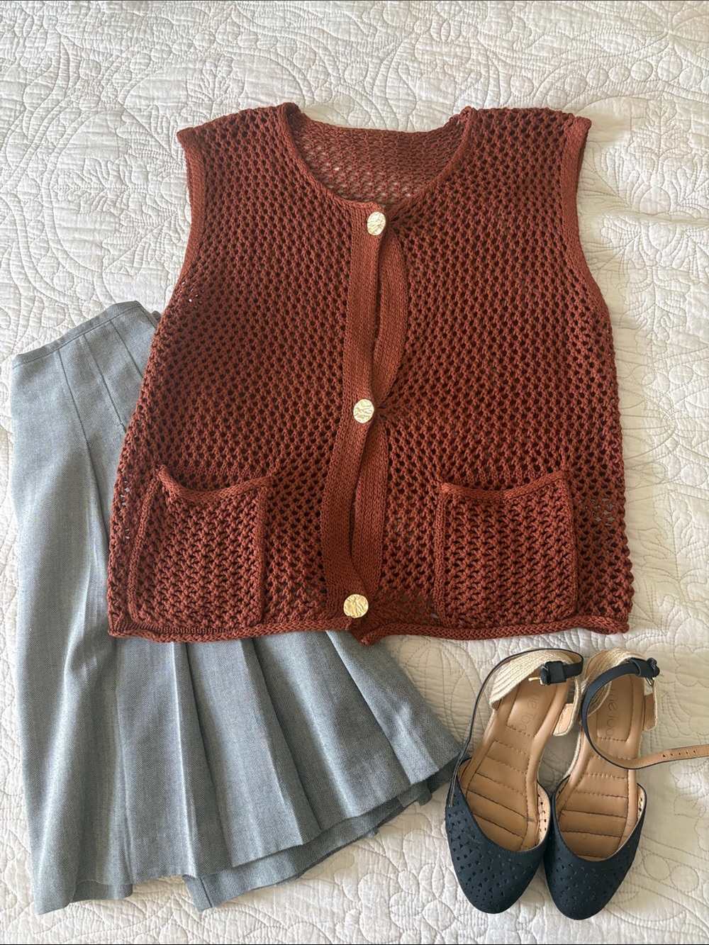 Rust Open-Knit Button Front Sweater Vest